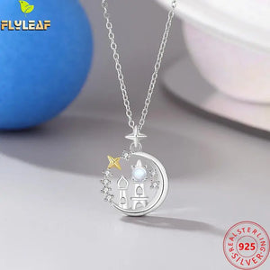 925 Silver Moonstone Star Castle Necklace Women Platinum Jewelry