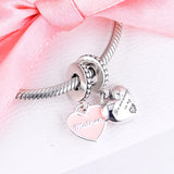 925 Silver Mother Daughter Love Hearts Charm, Pink Enamel Fit Bracelets