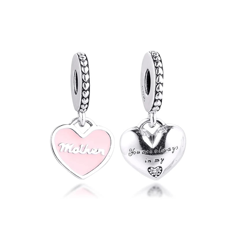 925 Silver Mother Daughter Love Hearts Charm, Pink Enamel Fit Bracelets