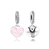 925 Silver Mother Daughter Love Hearts Charm, Pink Enamel Fit Bracelets