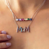 925 Silver MOM Charm Necklace with Colorful CZ