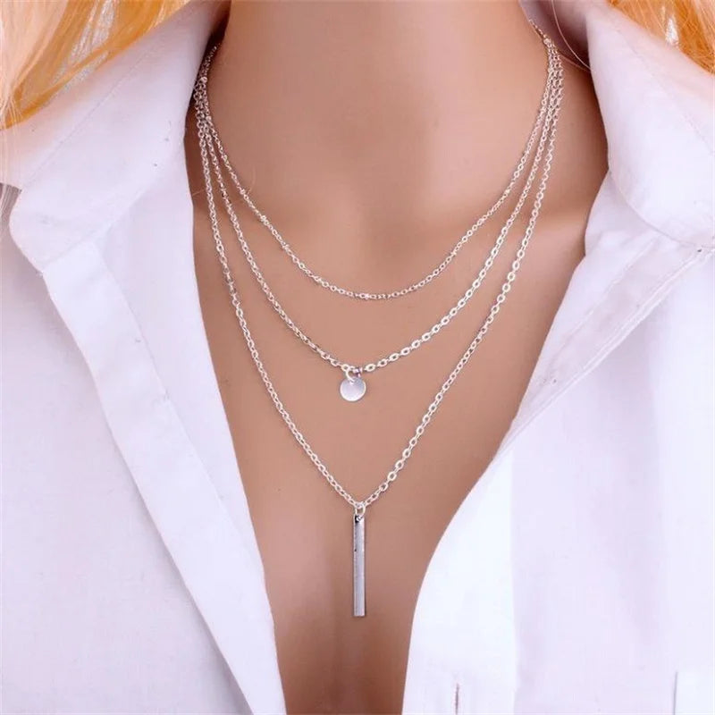 925 Silver Multi-layer Circular Pendant Necklace Rectangular Choker
