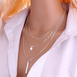 925 Silver Multi-layer Circular Pendant Necklace Rectangular Choker