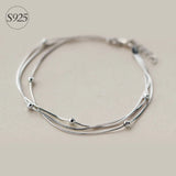 925 Silver 3ROWS & Lucky Ball Beads Snake Bone Chain Bracelet LS125