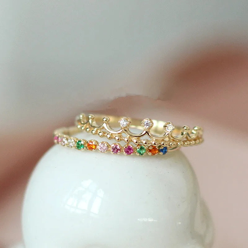 925 Silver Multicolor Zircon Crown Ring Women 14k Plated Jewelry