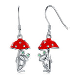925-Sterling-Silver Mushroom Frog Dangle Earrings - Emerald Drop Jewelry