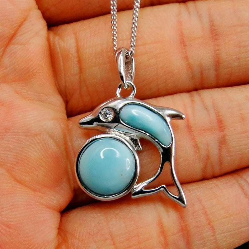 925 Silver Larimar Dolphin Pendant Necklace Gift
