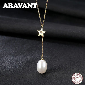 925 Silver Freshwater Pearl Star Pendant Necklace 8-9MM