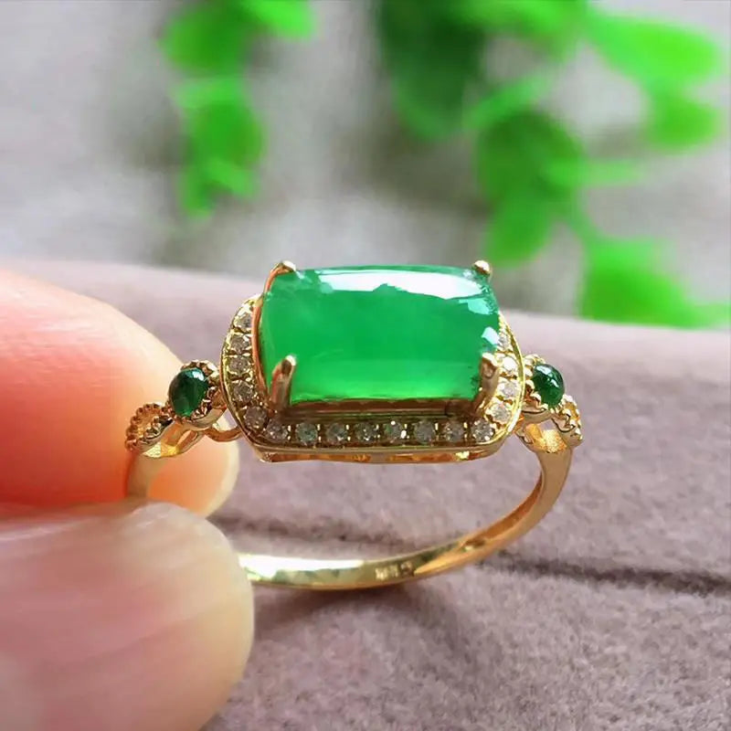 925 Silver Green Chalcedony Diamond Ring Chinese Vintage Charm Jewelry