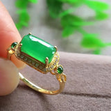 925 Silver Green Chalcedony Diamond Ring Chinese Vintage Charm Jewelry