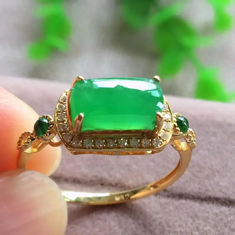 925 Silver Green Chalcedony Diamond Ring Chinese Vintage Charm Jewelry