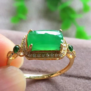 925 Silver Green Chalcedony Diamond Ring Chinese Vintage Charm Jewelry