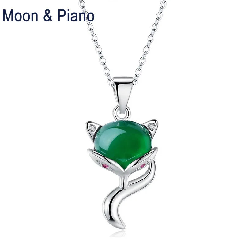 925 Silver Green Chalcedony Fox Pendant Chain Necklace for Women