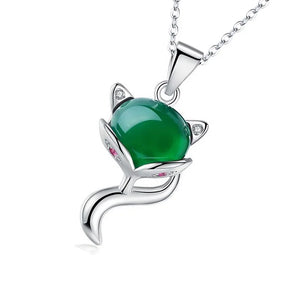 925 Silver Green Chalcedony Fox Pendant Chain Necklace for Women