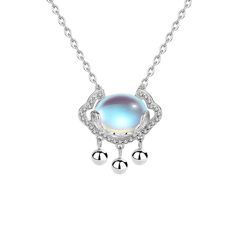 925 Silver Moonstone Lock Pendant Necklace Chinese Style