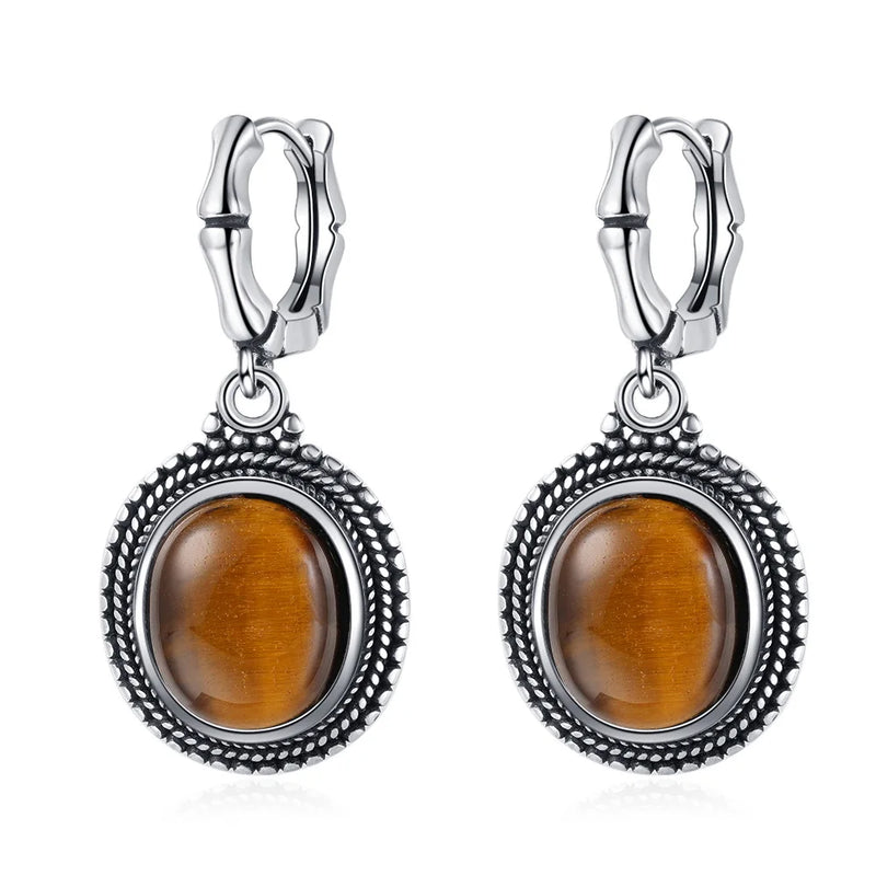 925 Silver Tiger Eye Stone Hoop Earrings for Women