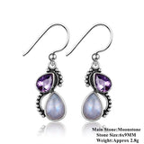 925 Silver Water Drop Earrings Moonstone/Purple Zircon Fine Jewelry