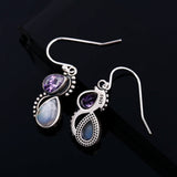 925 Silver Water Drop Earrings Moonstone/Purple Zircon Fine Jewelry
