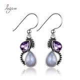 925 Silver Water Drop Earrings Moonstone/Purple Zircon Fine Jewelry