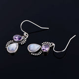 925 Silver Water Drop Earrings Moonstone/Purple Zircon Fine Jewelry