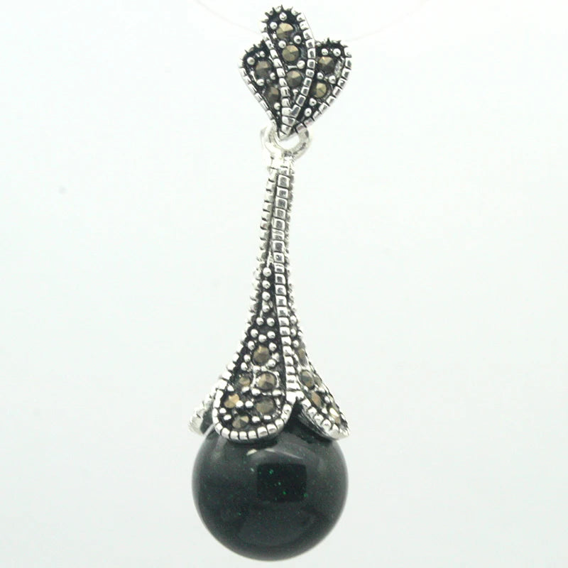 925 Silver Natural Sandstone Bead Marcasite Necklace Pendant