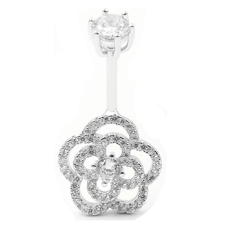 925 Silver Navel Piercing Zircon Rose Flower Belly Button Ring