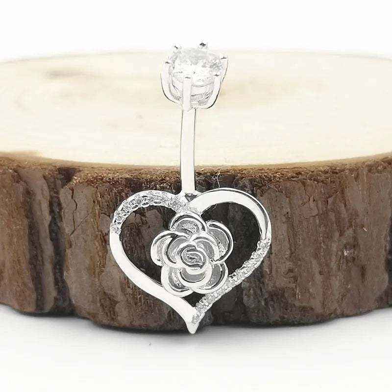 925 Silver Navel Piercing Heart Flower CZ Belly Button Ring Women Jewelry