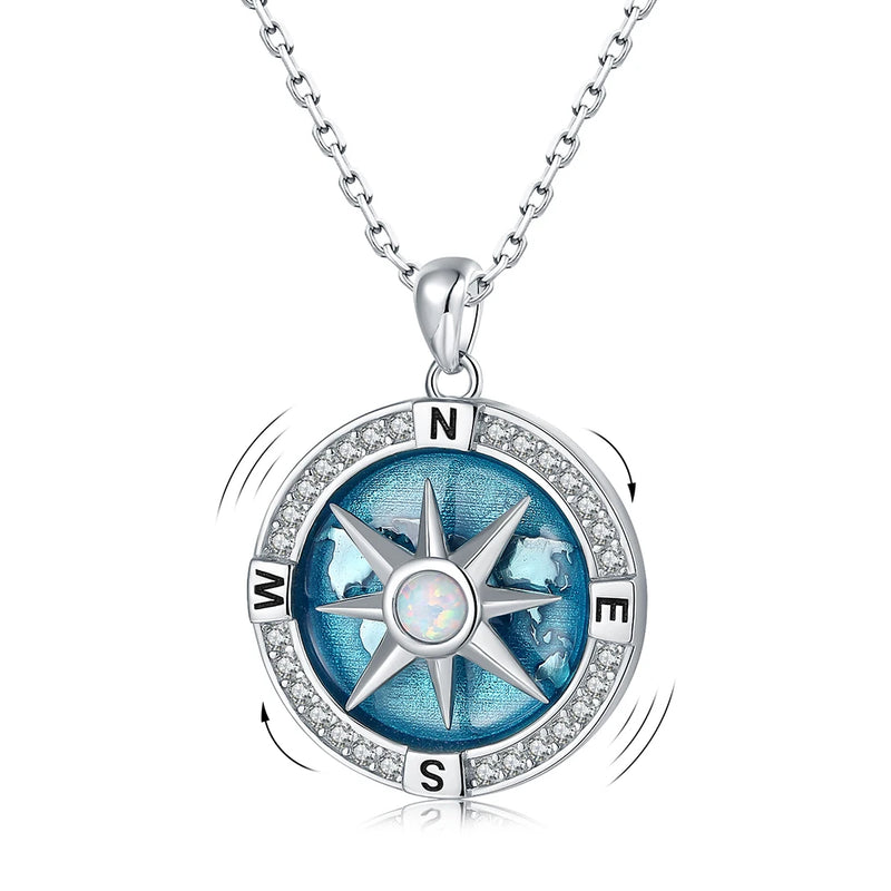 925 Silver Navy Compass Opal Necklace for Women