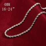925 Sterling Silver 4mm Twisted Rope & Chain Necklace Men Women