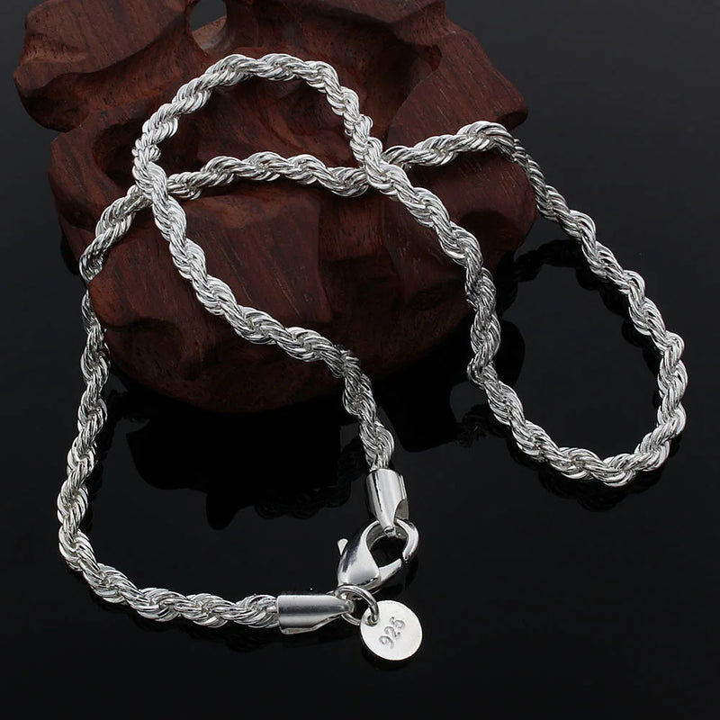 925 Sterling Silver 4mm Twisted Rope & Chain Necklace Men Women