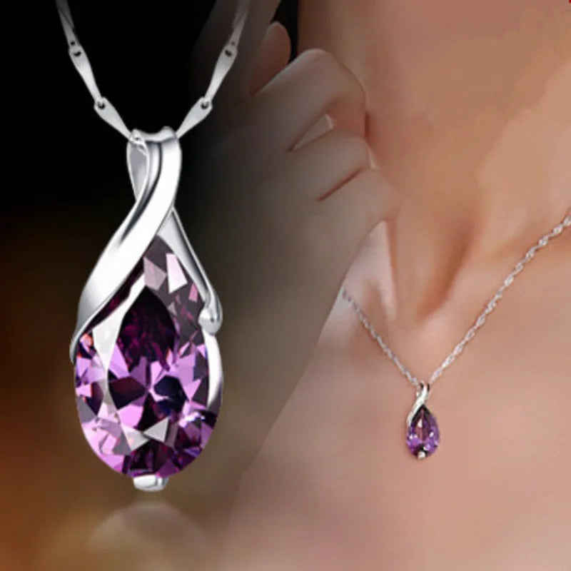 925 Silver Necklace Angel Tears Crystal Purple Pendant Necklace for Woman
