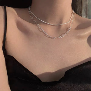 925 Silver Necklace Flash Chain Rectangle Choker Women Jewelry