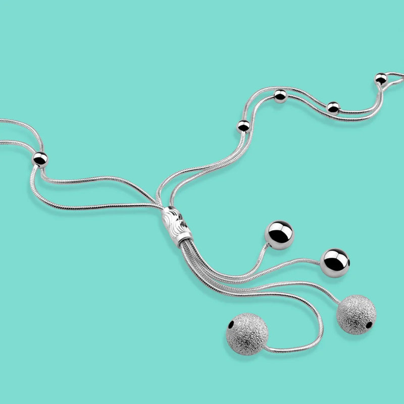 925 Sterling Silver Necklace Frosted Bead Pendant Chain Long Necklace