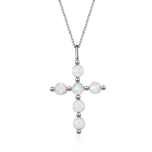 925 Silver Cross Opal Pendant Necklace Fine Jewelry