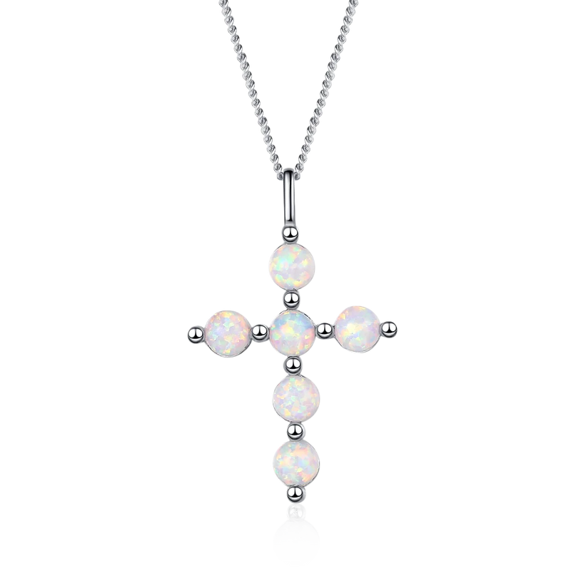 925 Silver Cross Opal Pendant Necklace Fine Jewelry