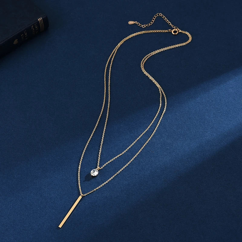 925 Silver Necklace Double Pendant Zircon Choker NK093