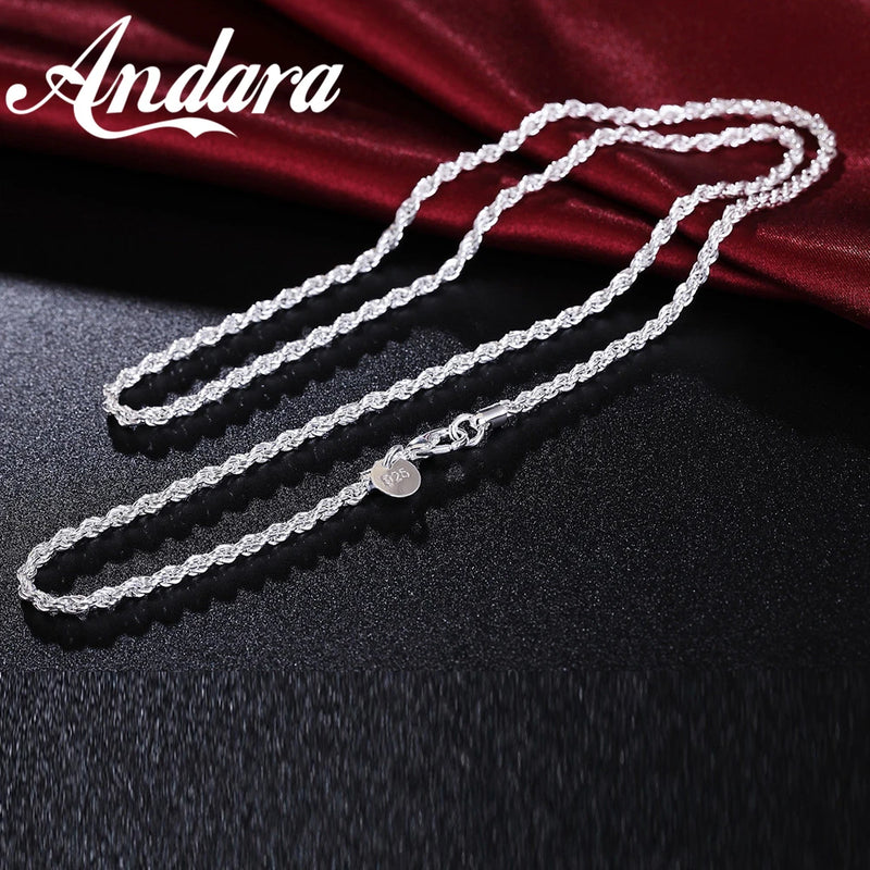 925 Sterling Silver Rope Twist Necklace 3MM Men Women 16''-24''