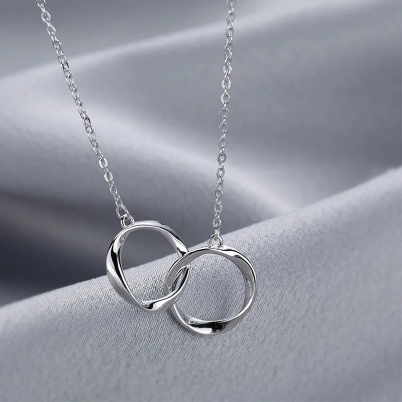 925 Silver Necklace Flash Diamond Geometric Double Circle Pendant