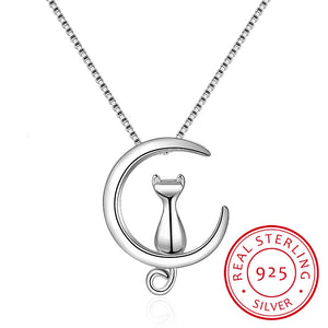 925 Silver Moon Kitten Cat Necklace Chain Kolye Wedding Girls Jewelry