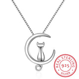 925 Silver Moon Kitten Cat Necklace Chain Kolye Wedding Girls Jewelry