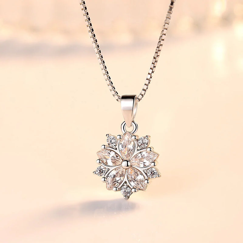925 Silver Pink Crystal Flower Pendant Necklace for Women