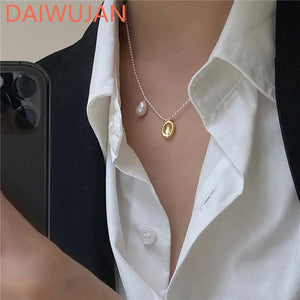 925 Silver Necklace Freshwater Pearl Disc Clavicle Chain