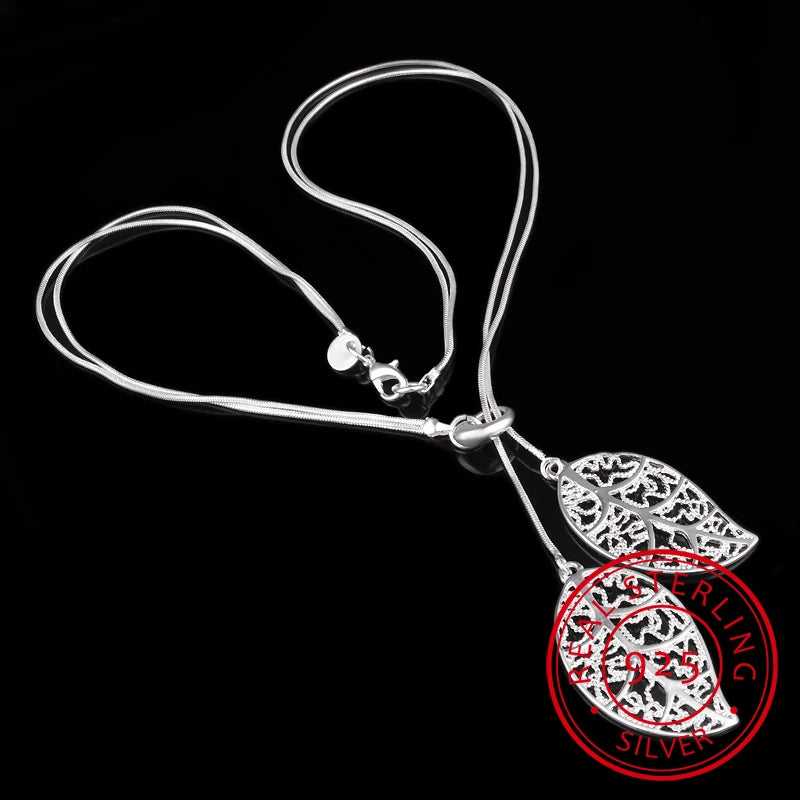 925 Silver Choker Necklace Flower Leaves Pendant Women S-n25
