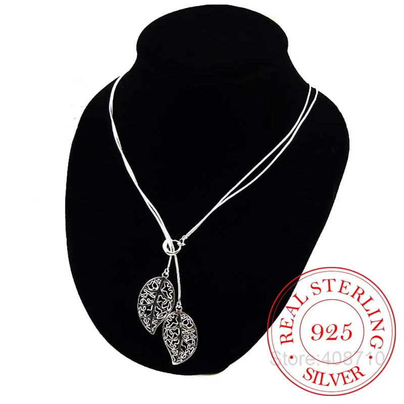 925 Silver Necklace Flowers Leaves Pendant Choker