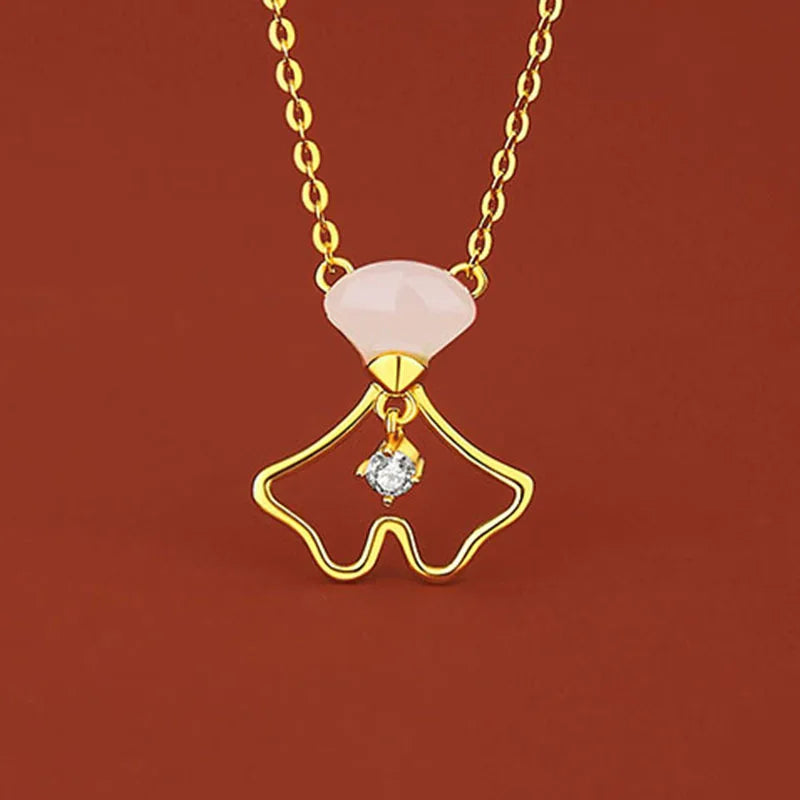 925 Silver Necklace with Hetian Jade Ginkgo Leaf Pendant