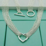 925 Silver Necklace Multi-Line Heart Love Chain For Women