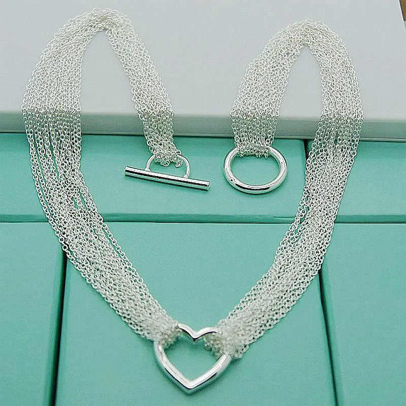925 Silver Necklace Multi-Line Heart Love Chain For Women