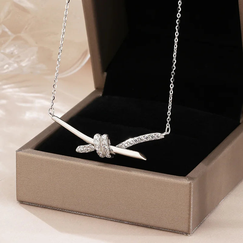 925 Silver Necklace Ladies Knot Silver Plating18K Row Drill Cross Zircon