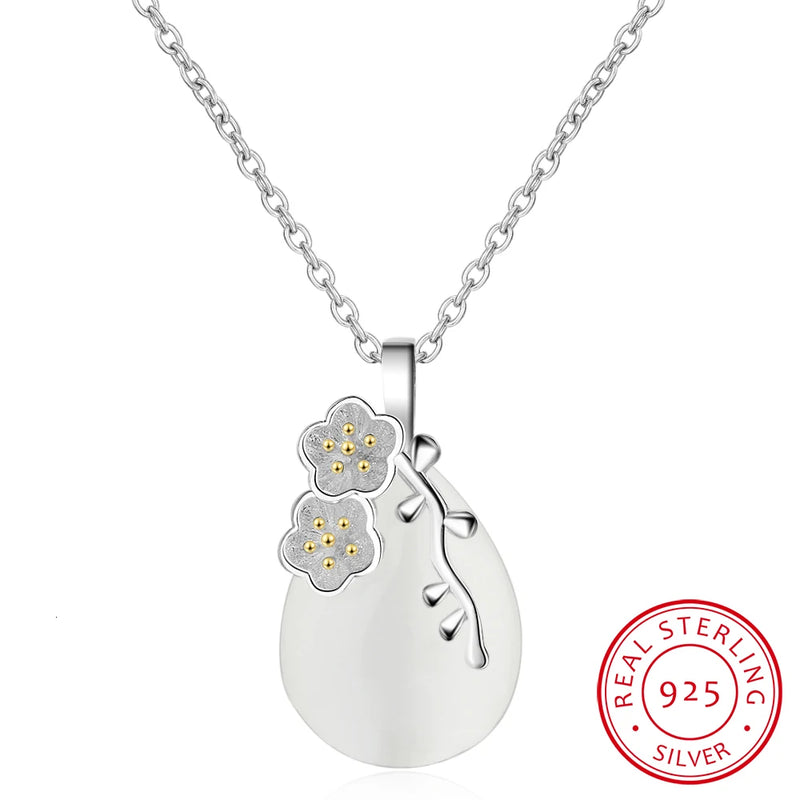 925 Silver Necklace Love Angle Tear Moonlight Opal Cherry Flower Pendant Necklac