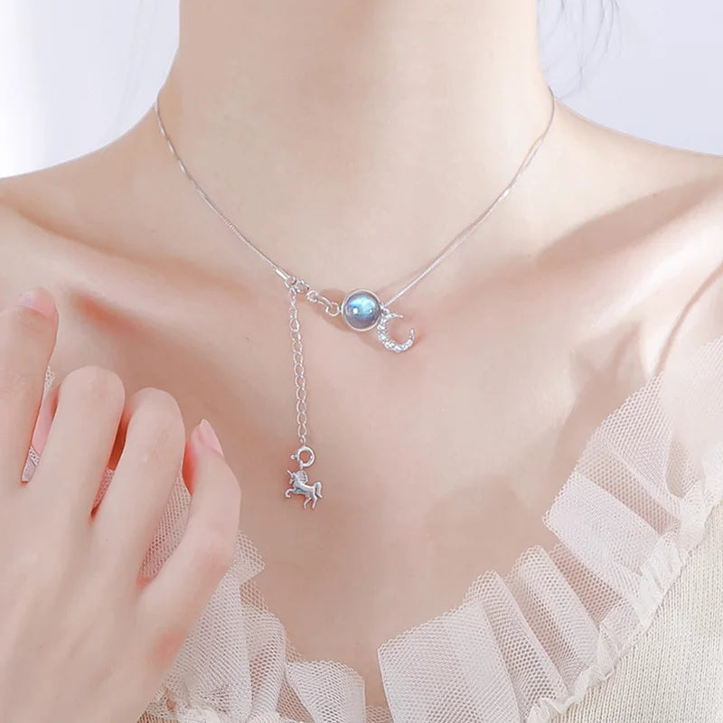 925 Silver Necklace Horse Moon Stone Pendant Choker Zircon Vintage Classic NK012